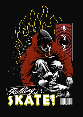 Skater in Red Hoodie with Flames