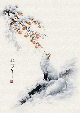 White Fox Looking at Snow-Covered Persimmons