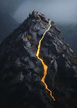 Volcanic Mountain Peak with Lava Flow