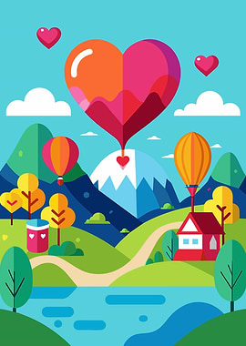Heart-shaped hot air balloon over mountains