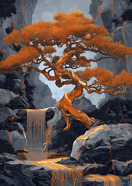 Enchanted Bonsai Tree by Waterfall