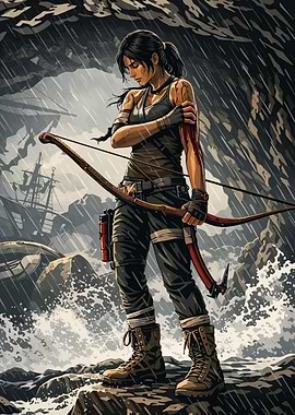 Tomb Raider with Bow in Stormy Seas