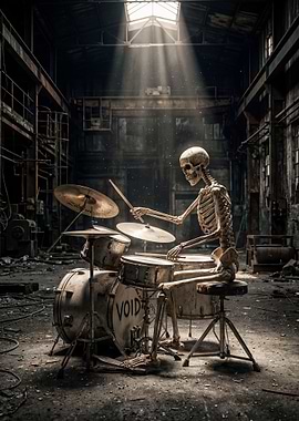 Skeleton drummer in abandoned factory