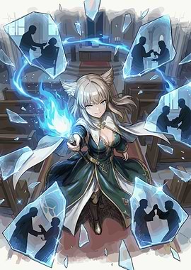 Anime girl with blue flames in church