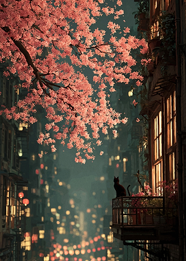 Cat on Balcony Under Cherry Blossoms