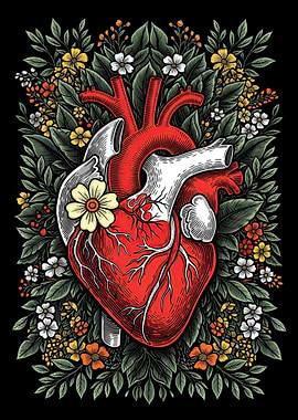 Anatomical Heart with Flowers