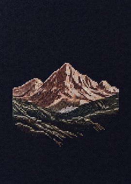 Cross-stitch mountain landscape