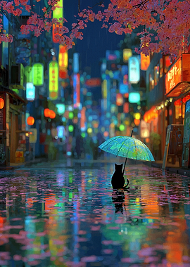 Cat with Umbrella in Rainy City