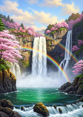 Enchanting Waterfall with Cherry Blossoms and Rainbow
