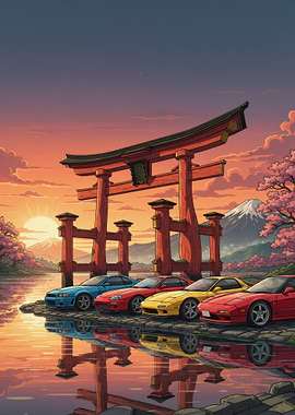 Japanese Torii Gate with Sports Cars