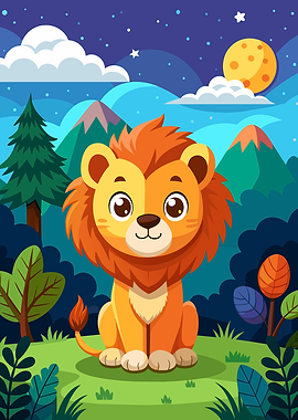 Cute Cartoon Lion in a Forest at Night