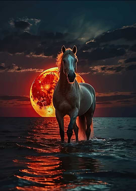 Horse in the ocean at sunset