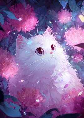 Fluffy White Cat Among Pink Flowers
