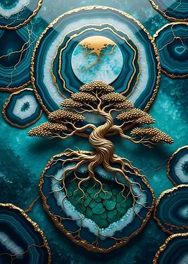 Golden Bonsai Tree on Agate Slices Nature wall Art
