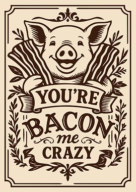 You're Bacon Me Crazy Poster, Funny Pig Wall Art, Retro Kitchen Humor Print