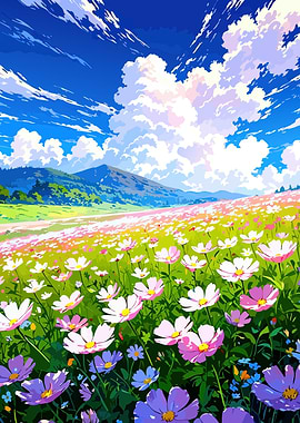 Vibrant Flower Field Under a Cloudy Sky