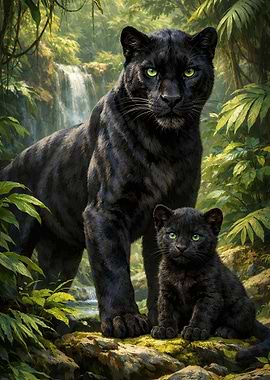 Black Panther Mother and Cub in Jungle