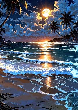 Tropical Beach Sunset with Moon