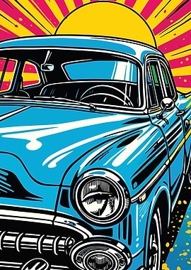 Retro Blue Car with Sunburst Background