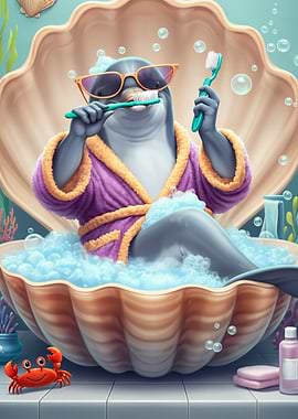 Dolphin Brushing Teeth in a Seashell