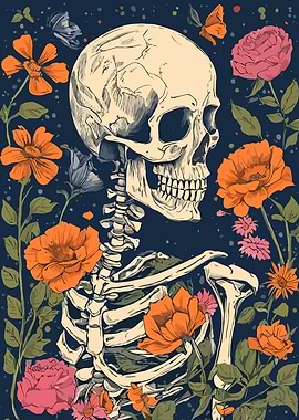 Skeleton Surrounded by Flowers