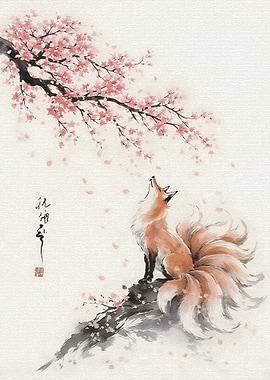 Fox Under Cherry Blossoms