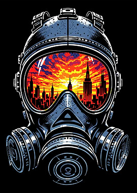 Gas Mask Reflecting Cityscape Sunset