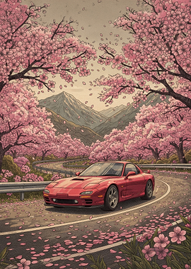 Red Sports Car Driving Through Cherry Blossoms