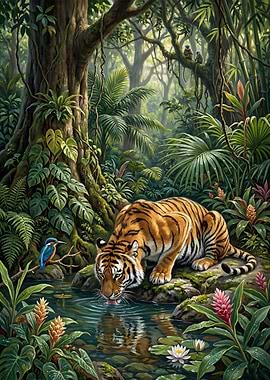 Tiger drinking water in a lush jungle