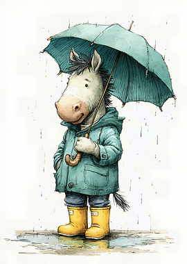 Donkey with Umbrella in the Rain