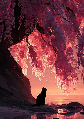 Black Cat Under Cherry Blossoms