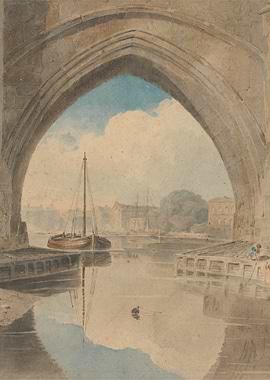 Boats under a Stone Arch Bridge
