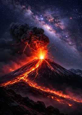 Volcano Erupting Under the Milky Way