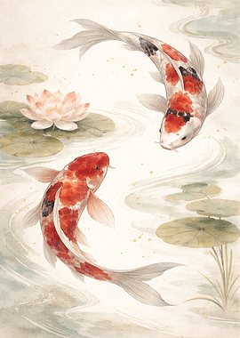 Koi Fish and Lotus Flowers Painting
