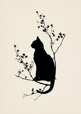 Black Cat Silhouette on Cherry Blossom Branch