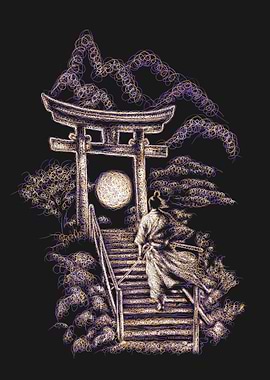 Samurai Ascending Stairs Under Full Moon