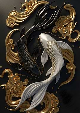 Yin Yang Koi Fish with Gold Ornaments