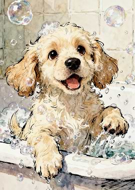Cute puppy taking a bath