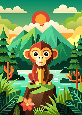 Cute Monkey in a Jungle Landscape