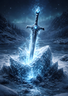 Magical Ice Sword in Snowy Mountains