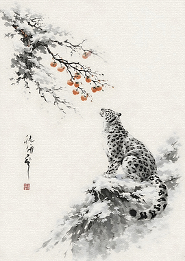 Snow Leopard and Persimmon Tree