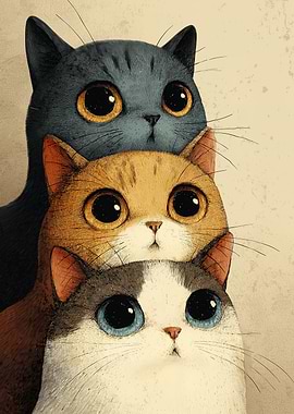 Three Stacked Cute Cats with Big Eyes