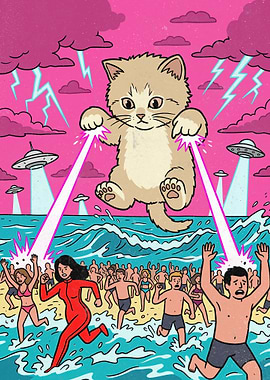 Giant Kitten Attacks Beach with Lasers