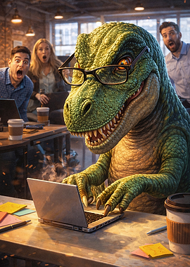 Meme Absurd Dinosaur Working on a Laptop in Office