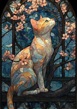 Stained Glass Cat with Cherry Blossoms