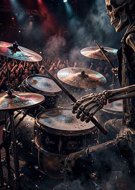 Skeleton drummer performing on stage