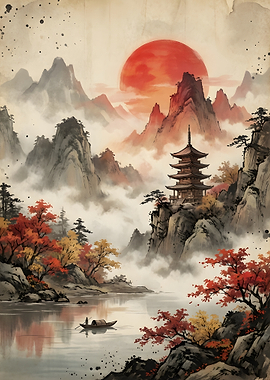 Japanese Pagoda Landscape Painting