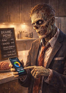 Meme Absurd Zombie checking calorie app
