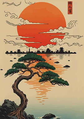 Japanese Landscape with Bonsai and Sun