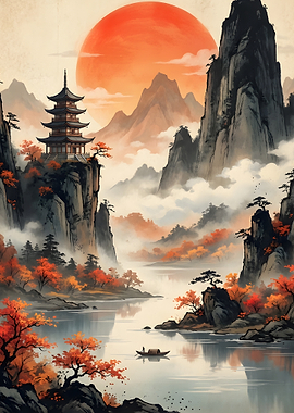 Pagoda on Cliffside with Autumn Scenery